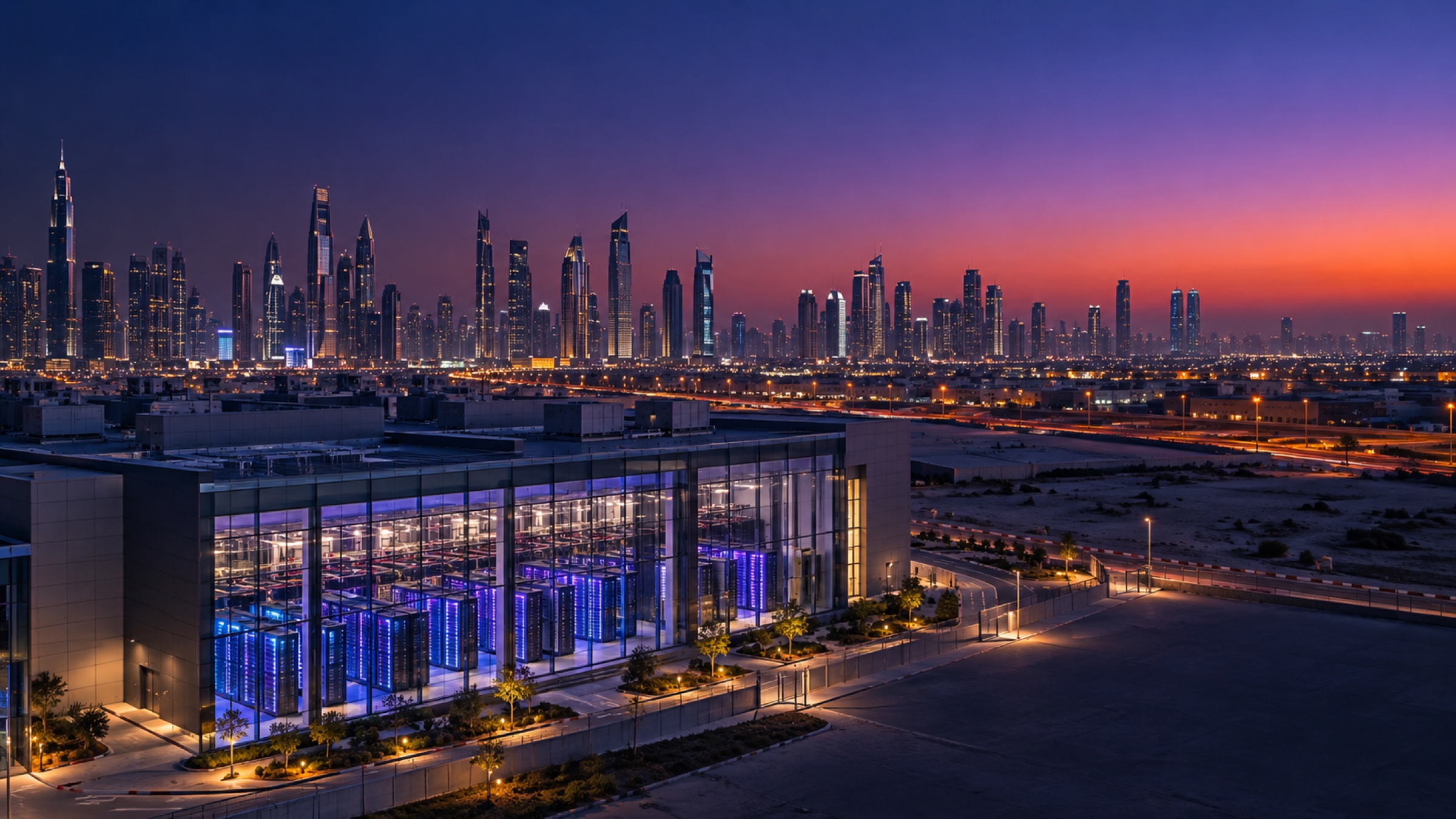 Dubai skyline at dusk above a glass-fronted data centre with illuminated server racks