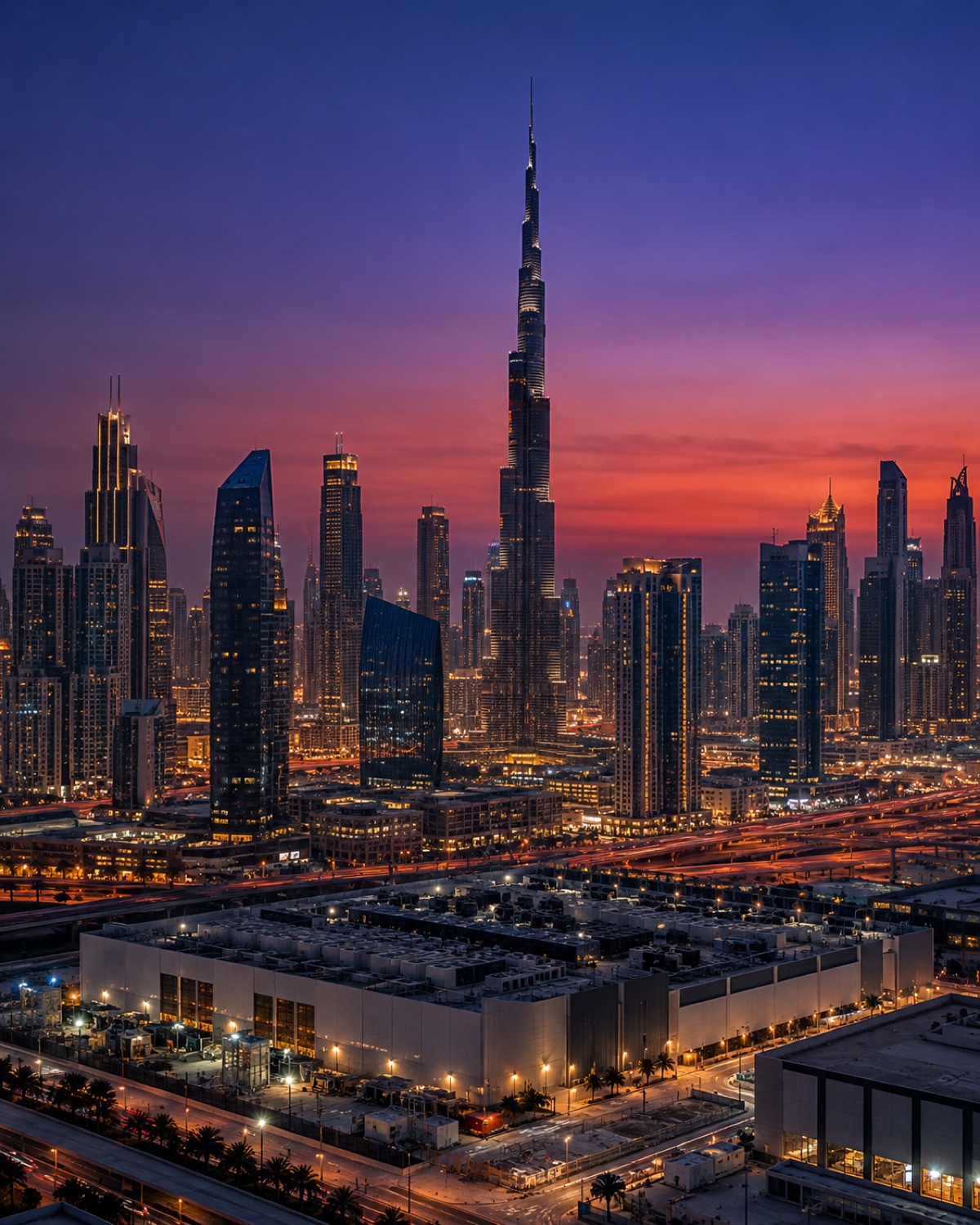 Dubai towers at dusk above a low data-centre building
