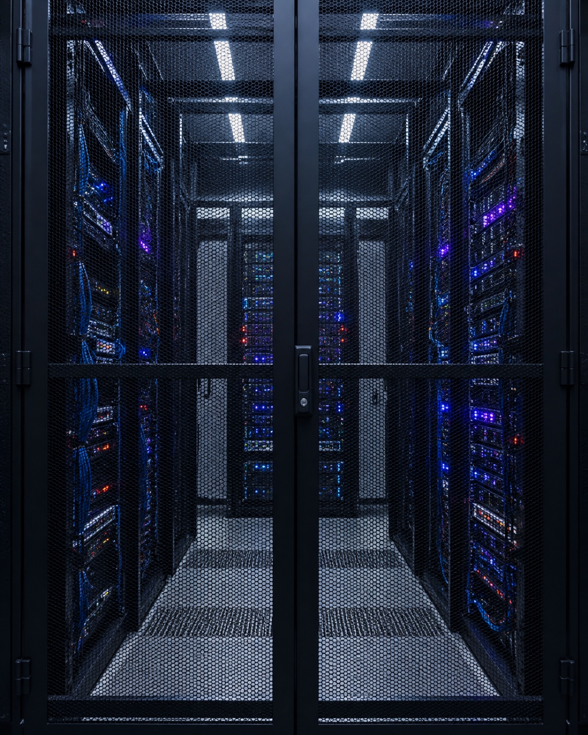 Closed black mesh enclosure protecting orderly server racks