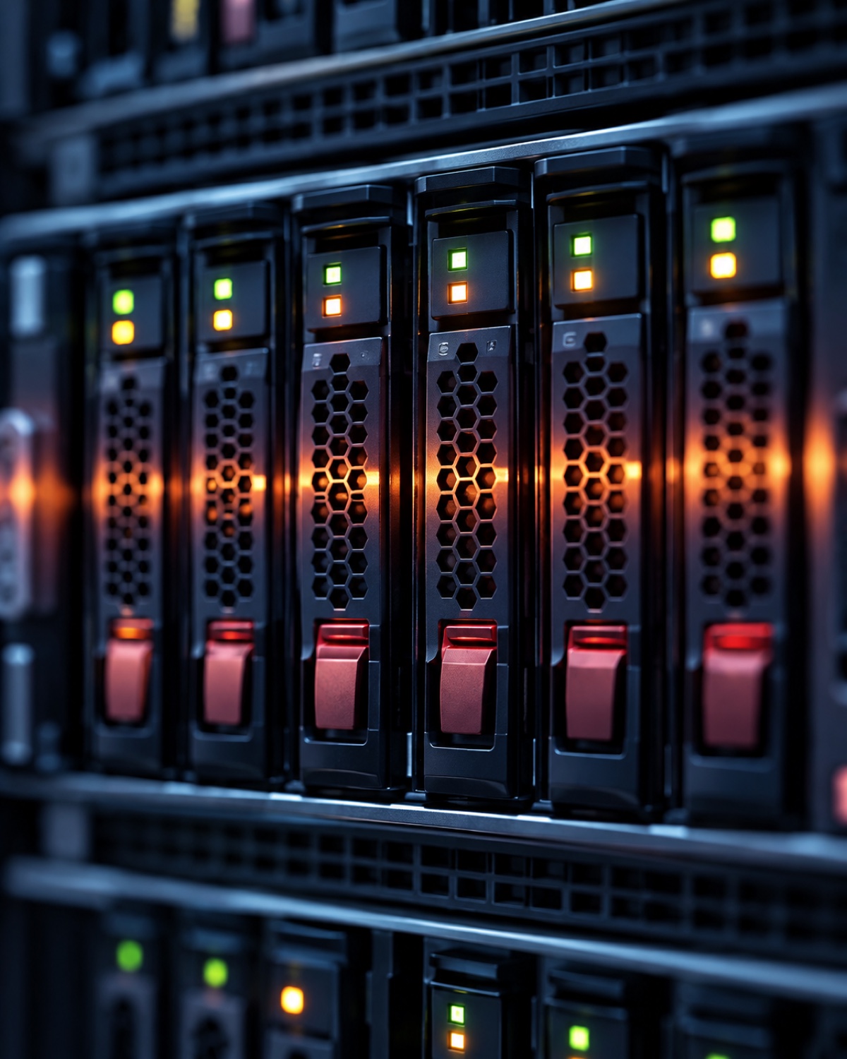 Server drive bays with activity LEDs and a band of warm practical light