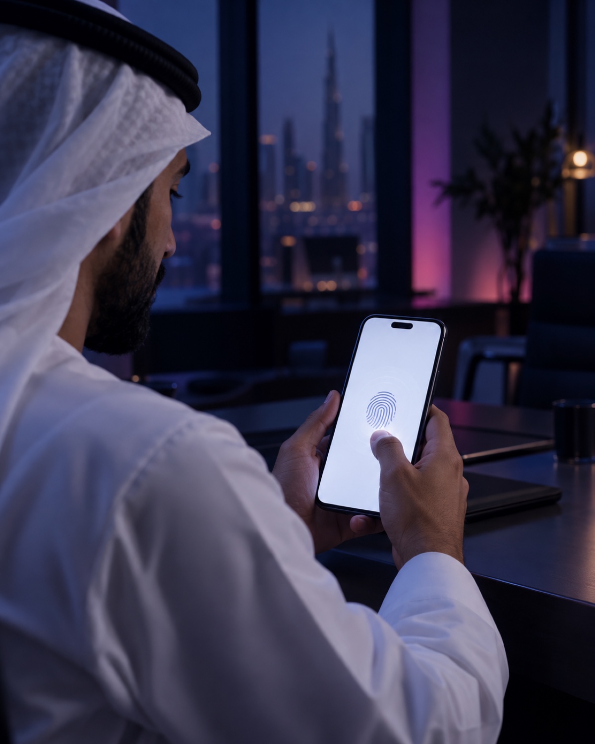Emirati professional holding a phone with a generic fingerprint sign-in screen