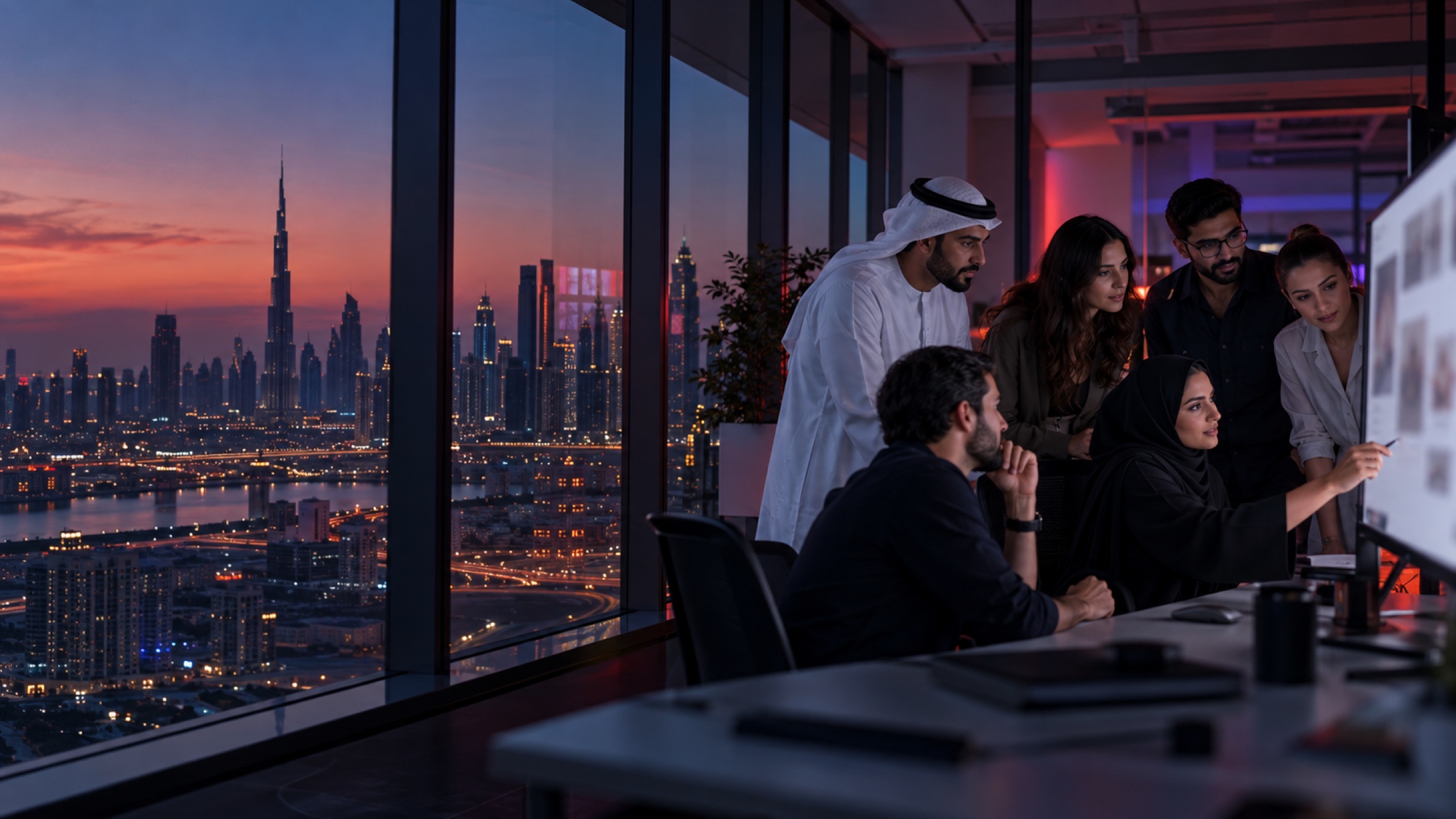 Six designers and developers gathered around a screen in a Dubai office at dusk